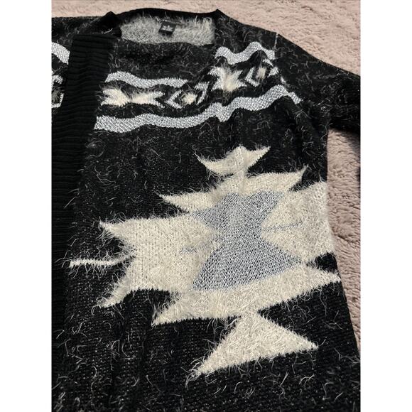 BCBG Cardigan Sweater Top Aztec Knit Open Drape Front Black Silver Long Sleeve S - Picture 3 of 7